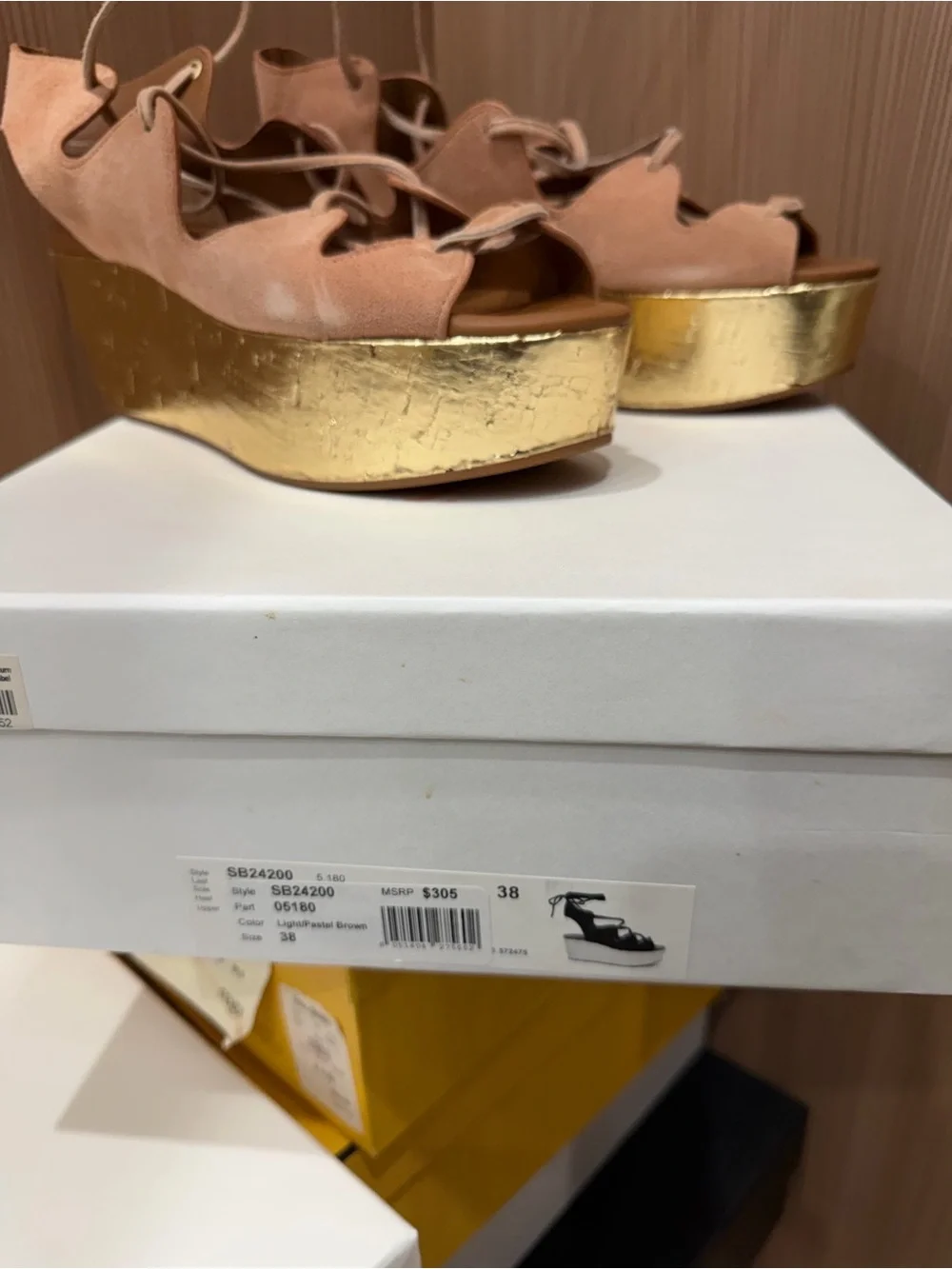 See by Chloé Pink Suede Lace Up Platform Wedge Sandals Gold Wedge Size 38